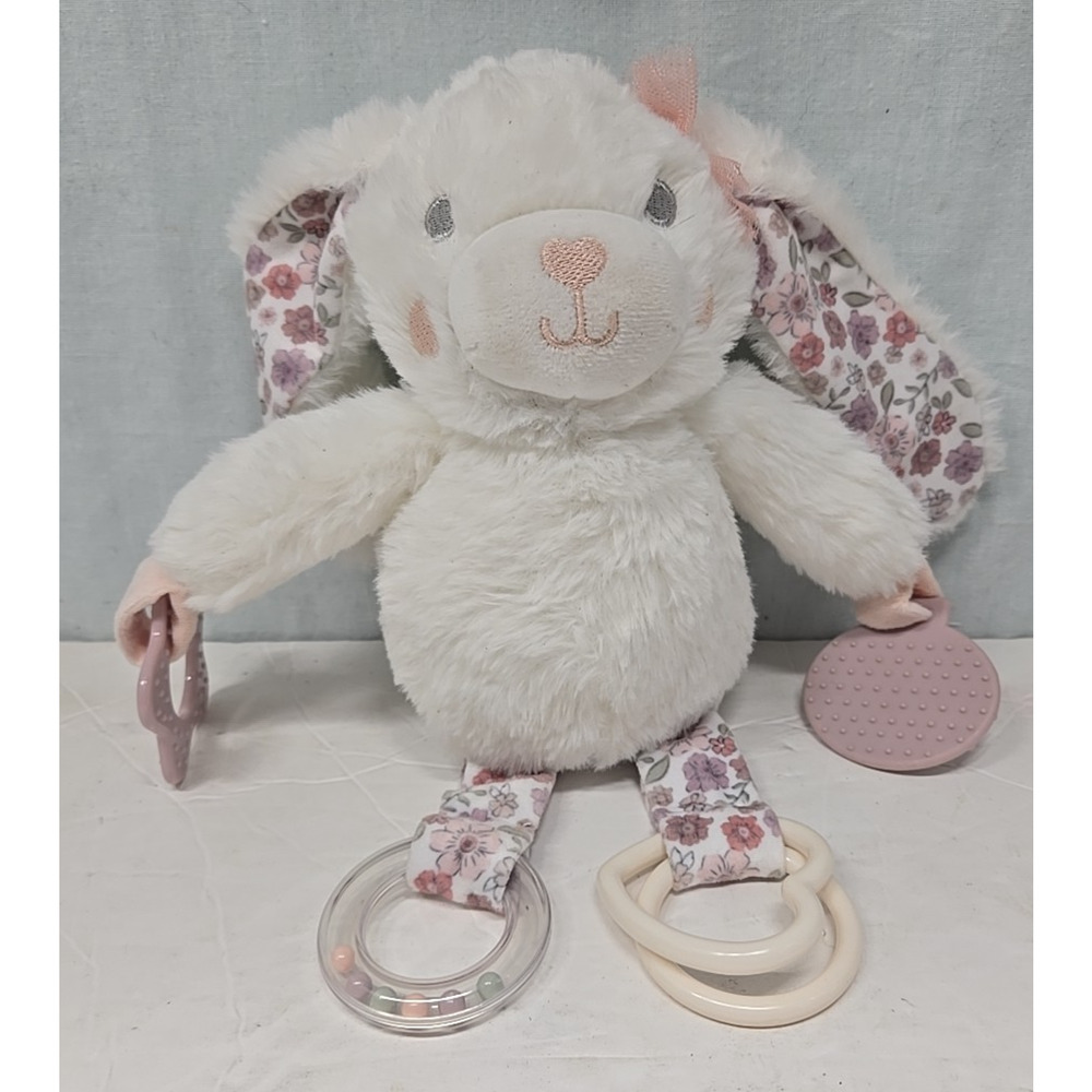 Dream Gro Soft Plush White & Floral Bunny Activity Buddy Baby Toy Lovey